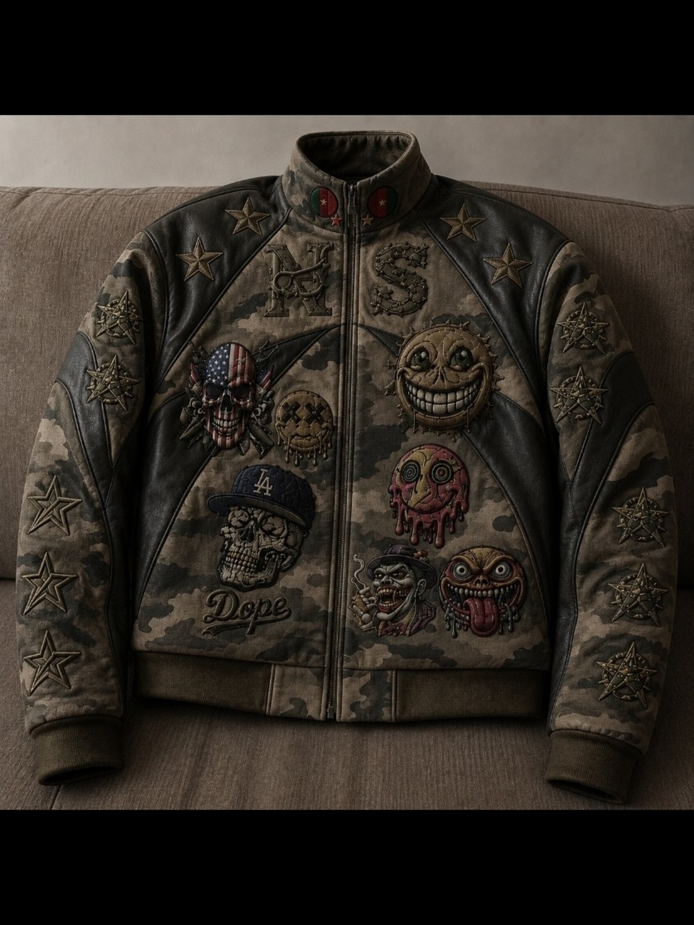 HAPPY COLLECTION Embroidered Camo Bomber Jacket in Olive Green